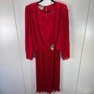 Vintage Monica Richards Womens Red Pleated Dress Size 14 Modern size Large 10-12